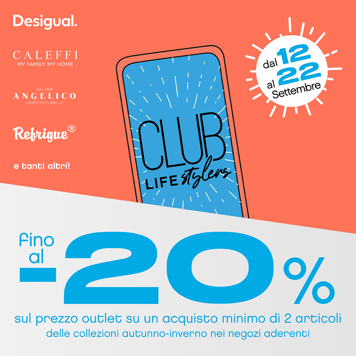 Disegno di un telefono con scritta Club Lifestylers e sotto fino al -20%