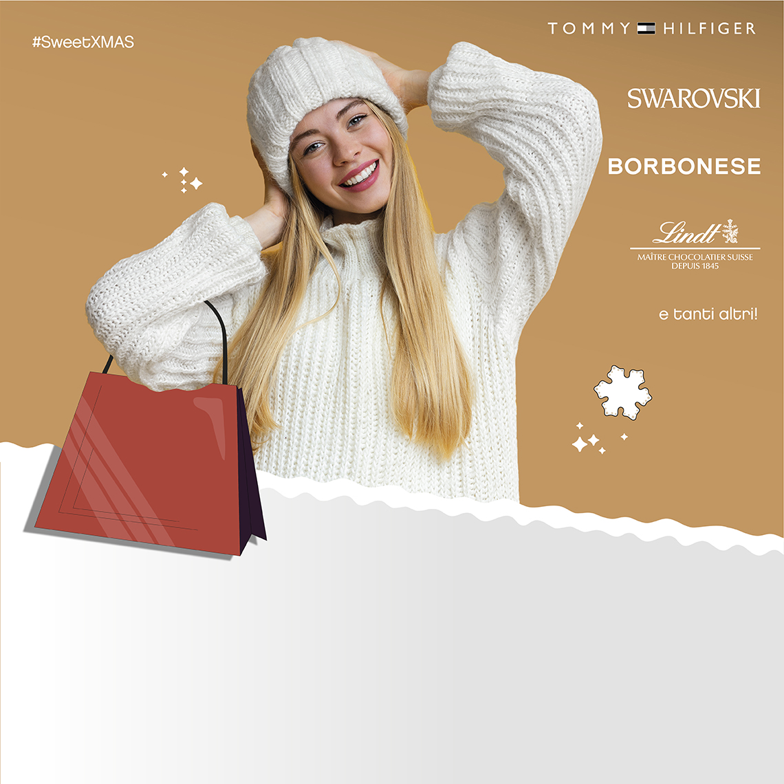 Donna con maglione bianco e fiocchi di neve