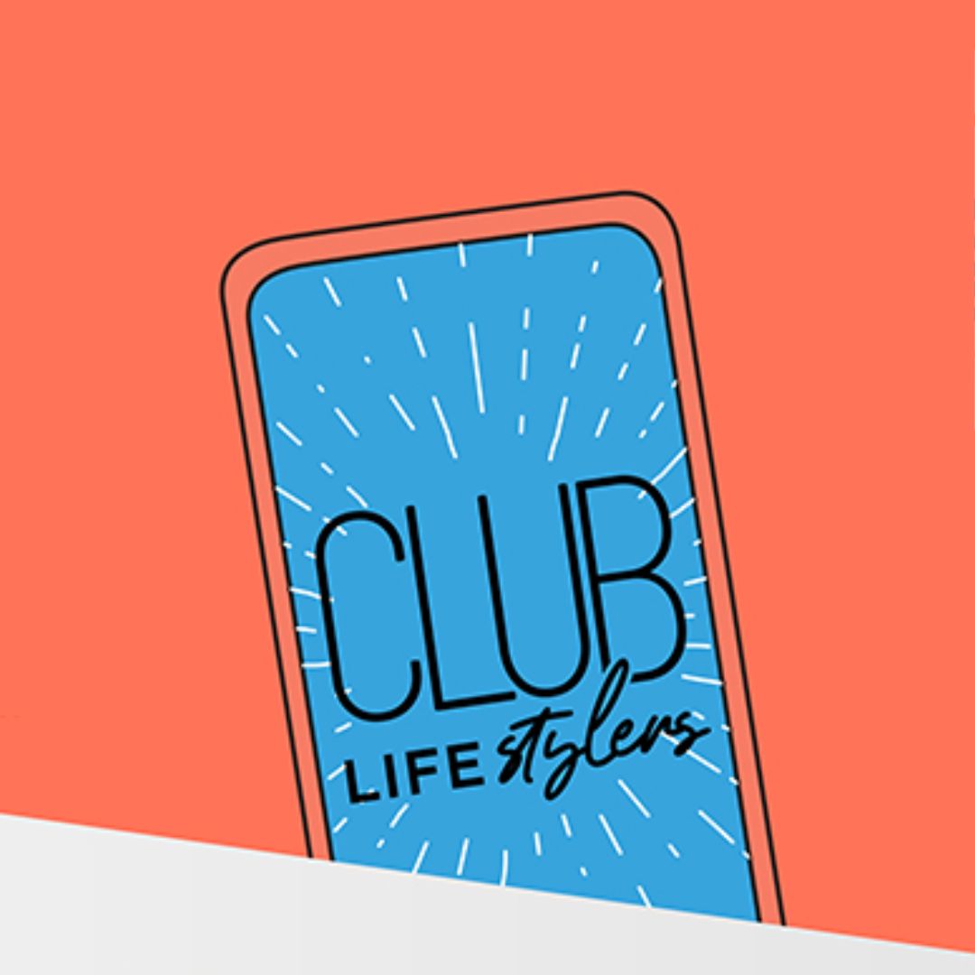Club Lifestylers logo on orange background with blue smartphone illustration.