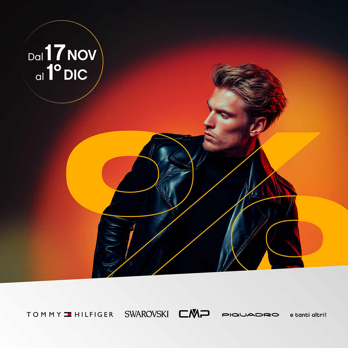 uomo vestito interamente di nero e simbolo della percentuale arancione