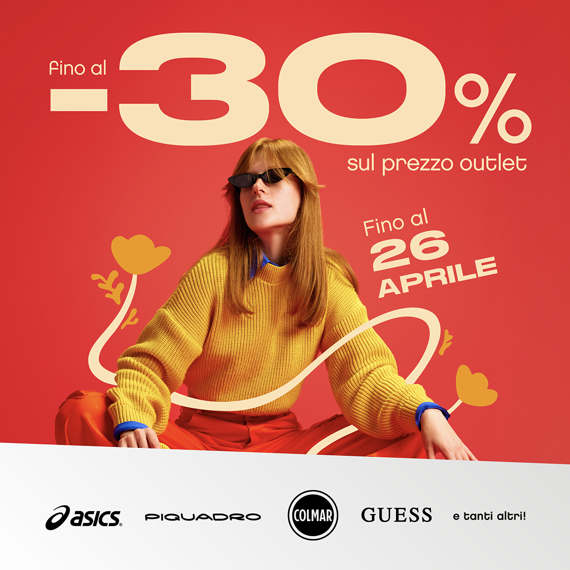 Donna con maglione giallo su sfondo rosso con elementi floreali grafici