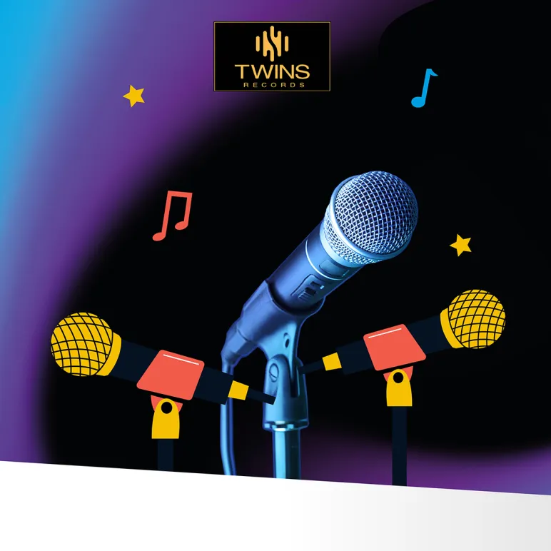 Grafica musicale con microfoni, note colorate e logo Twins Records su sfondo da palco