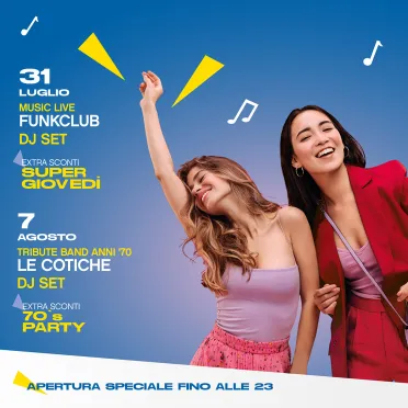 Due ragazze che ballano e info su live music, DJ set, extra sconti e apertura fino alle 23